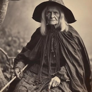 May include: A woman wearing a black witch's hat and cloak with red eyes. She is holding a wooden staff and sitting in a forest setting.