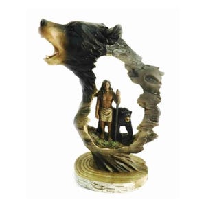 Mini Indian Sculpture Native Indian Under Grizzlly Bear carving  Old West theme Western decor  Mini Sculpture 7.5 Inches Tall