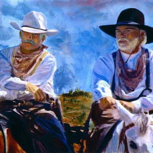 May include: Two cowboys wearing hats and bandanas are riding horses. The cowboy on the left is wearing a white hat and a light blue shirt. The cowboy on the right is wearing a black hat and a light blue shirt. The background is a blue sky with white clouds.