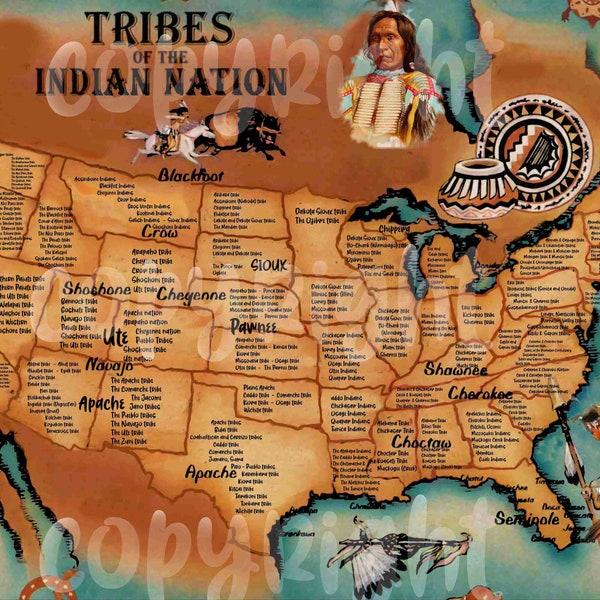 11 x 14 Digital Instant Télécharger Carte tribale des nations amérindiennes Chaque tribu majeure dans la liste