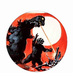 May include: A black and white illustration of two giant monsters fighting in front of a red moon. The monster on the left is firing a beam of energy at the monster on the right.