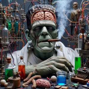 Puede incluir: Una escena de laboratorio con temática de Frankenstein. El monstruo, con el cerebro expuesto, fuma un cigarro. El laboratorio presenta vasos de precipitados, tubos y un modelo de cerebro. El monstruo tiene pernos en el cuello y puntadas en la cara. La paleta de colores incluye verdes, azules y marrones.
