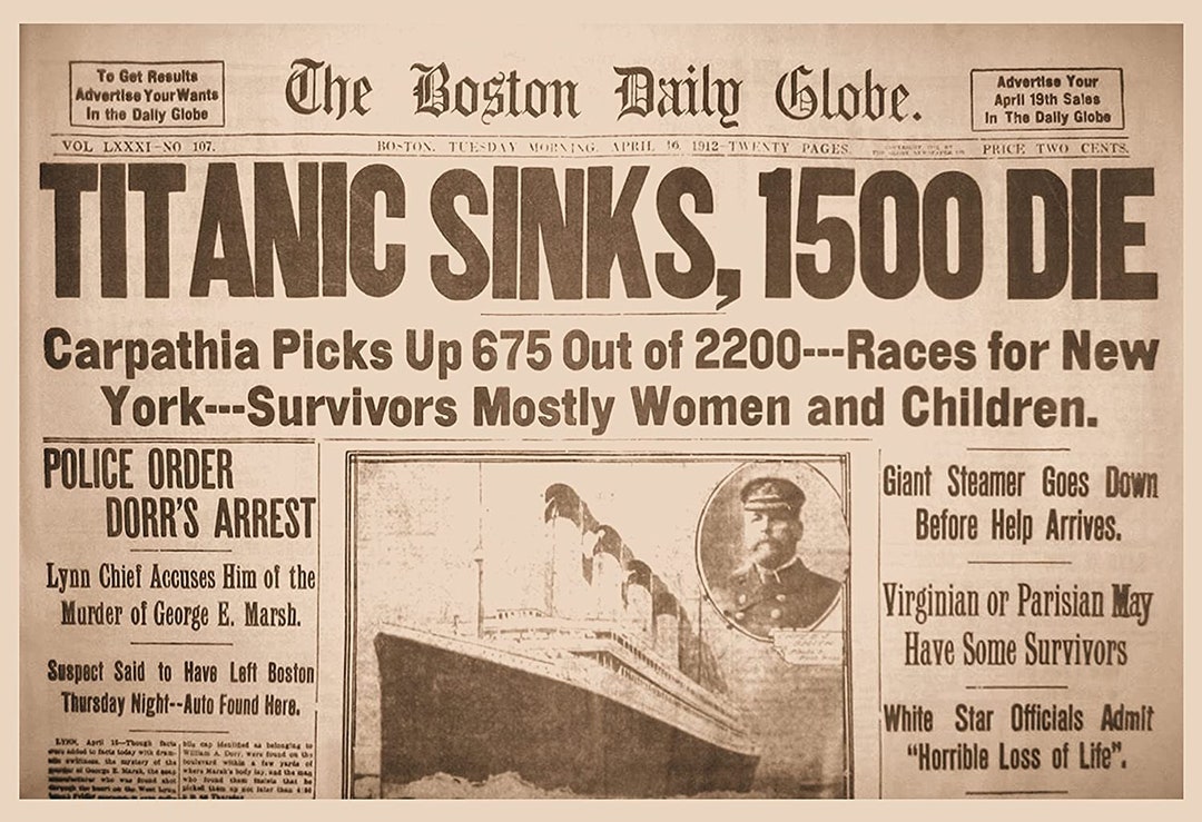 Titanic Sinks 1500 Die Newspaper Headline Vintage Poster 12 X 18 - Etsy  Hong Kong