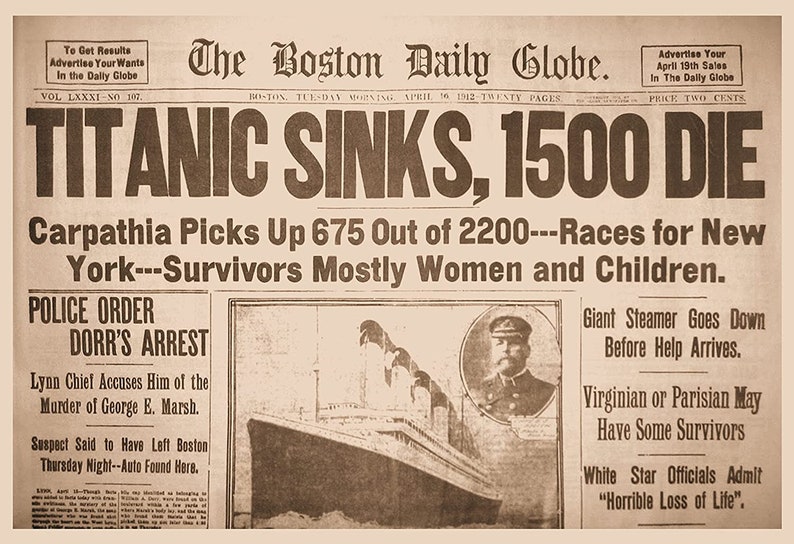 Titanic Sinks 1500 Die newspaper headline Vintage Poster 12 X 18 image 1