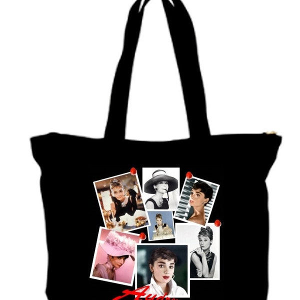 NEW Zipper Audrey Hepburn Photo Collage Zipper tote bag  with zippered closure. Inside zippered pouch pocket