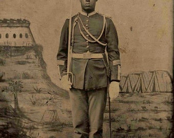 Foto de un soldado búfalo de la Guerra Civil (8 x 10 pulgadas). Afroamericano. Pieza muy rara, cantidades limitadas. Fotografía con efecto desgastado. Arte mural afroamericano.