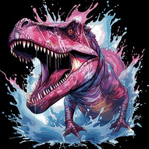 May include: A pink and purple dinosaur with its mouth open, roaring, and splashing in blue water. The dinosaur is surrounded by blue and pink paint splatters.