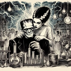 May include: Black and white illustration of Frankenstein and his bride in a laboratory setting. The image features the couple surrounded by scientific equipment, with lightning and light bulbs in the background. The style is reminiscent of classic horror movie posters.