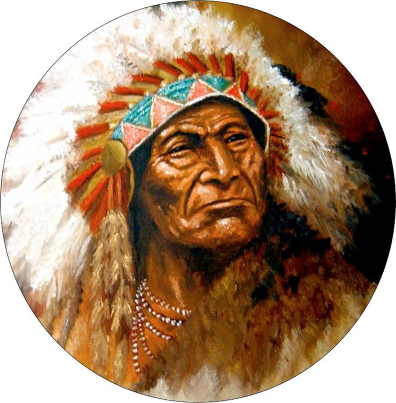 May include: A painting of a Native American man wearing a traditional headdress with white feathers and red and blue accents. He has a serious expression on his face and is wearing a beaded necklace.