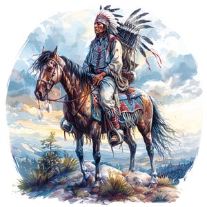 May include: Watercolor painting of a Native American chief on horseback. The chief wears a feathered headdress, traditional clothing, and carries a quiver of arrows. The horse is brown with a detailed saddle. The background features a landscape with mountains and a cloudy sky.