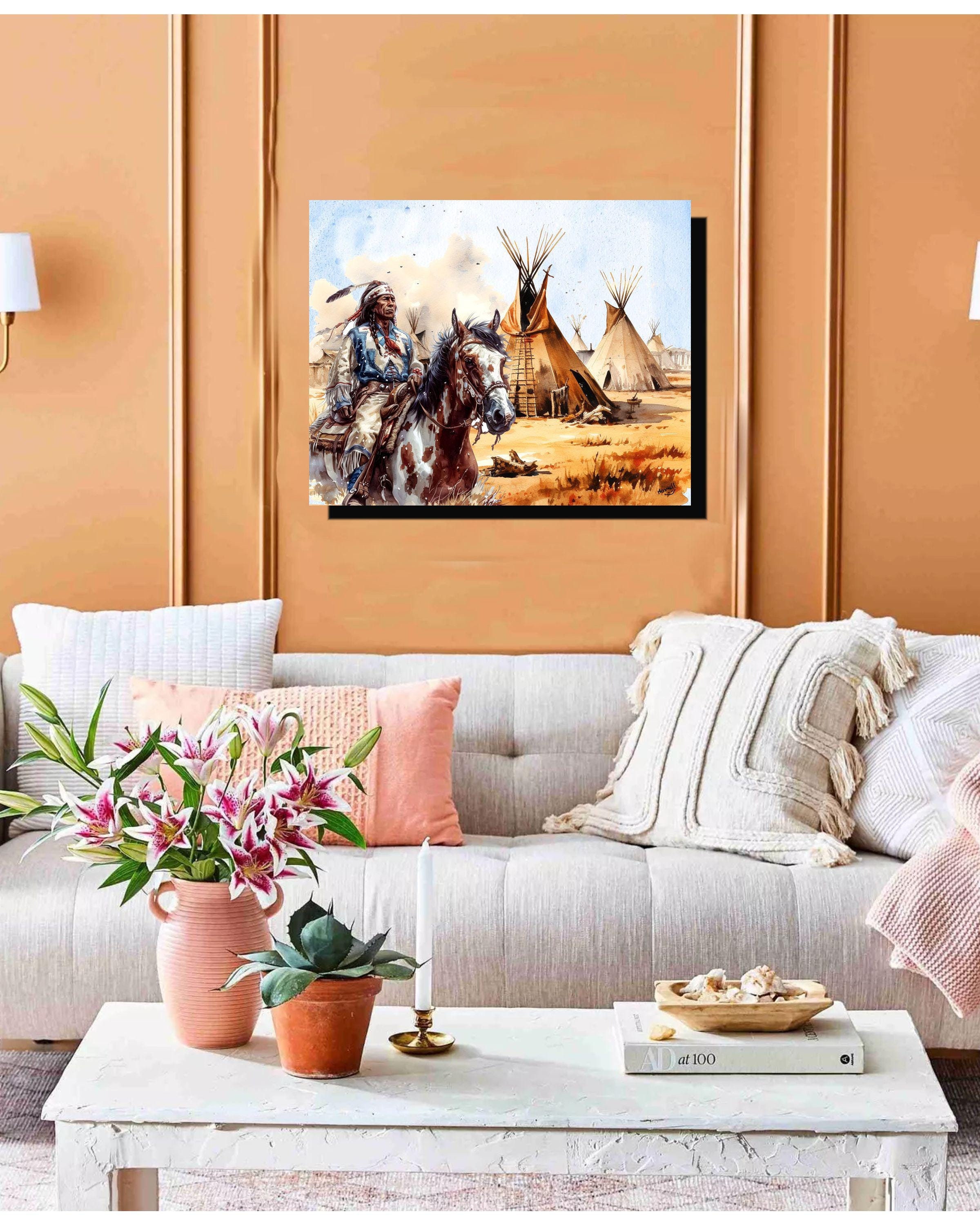 ネイティブアメリカンインディアン戦士の馬上のティーピーキャンバス