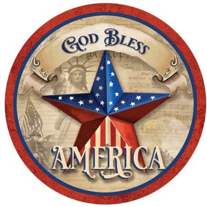 May include: A red, white, and blue star with the words "God Bless America" on a banner. The star is on a background of vintage-looking paper with images of the Statue of Liberty and the Declaration of Independence.