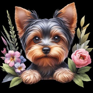May include: A digital illustration of a Yorkshire Terrier dog with brown, black, and tan fur, surrounded by pink and purple flowers and green foliage against a black background.