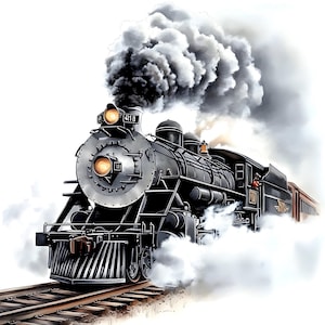 May include: Illustration of a vintage black steam train with a silver front, billowing dark gray smoke. The train is on tracks, with the number "413" visible on the front. A red train car is attached at the end.