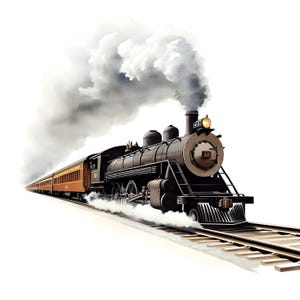 May include: An illustration of a classic steam train, featuring a brown engine and orange carriages. The train is depicted with a large plume of white smoke. The train is travelling along tracks, with its headlight on.