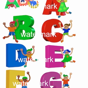 Digitale Instant Download Kids Cartoon alfabet Letters A tot en met Z leuk item 16 x 20 inch blad Crafters scrapbooking t-shirts stickes kunst aan de muur