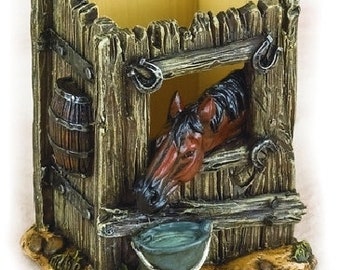 Horse in a barn Head  Pencil Pen Holder Iwith Bucket Art