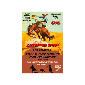 Livermore Rodeo 16 x 24 Inch Poster  Retro Print Art Old West Cowboys Broncs Roping Bull Steer Wrestling Western