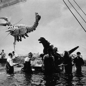 May include: A black and white photo of a film set with a large, mechanical lobster prop suspended from the ceiling.  Several crew members are standing in the water, working on a large, mechanical dinosaur prop.