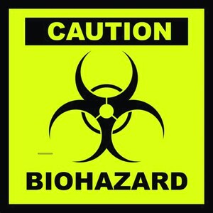 May include: A yellow and black biohazard warning sign with the text "CAUTION" and "BIOHAZARD".