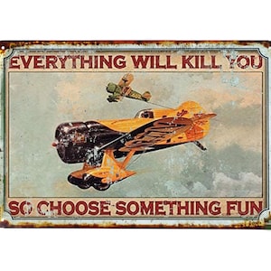 Könnte beinhalten: Vintage Metallschild mit einem Used-Look-Finish. Das Schild zeigt zwei Doppeldecker im Flug vor einem bewölkten Himmel. Der Text lautet: "EVERYTHING WILL KILL YOU SO CHOOSE SOMETHING FUN".