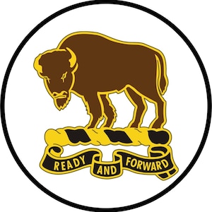 May include: A brown buffalo stands on a yellow and black rope with a yellow banner that reads "READY AND FORWARD". The image is surrounded by a black circle with a white background.