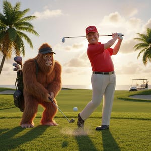 Trump spelar golf med Bigfoot Caddy tecknad kul fönsterbräda konst musmatta foto musmattor klassisk konst