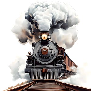 May include: An illustration of a vintage steam train, viewed head-on, billowing white smoke. The train is black and brown with a large, circular front wheel and a bright headlight. The train is on a set of brown railroad tracks.