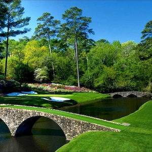 May include: A scenic view of a golf course with a stone bridge over a pond. The green grass and lush trees create a tranquil atmosphere.