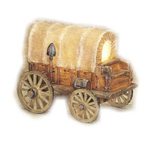 Op de afbeelding: Een houten wagen met een canvas kap en wielen. De wagen is van binnenuit verlicht, waardoor een warme gloed ontstaat. De wagen is een decoratief stuk en is niet functioneel.
