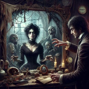 Könnte beinhalten: Eine gotische Illustration zeigt einen Mann, der mit einem Spiegel interagiert, der eine Frau und Zombies reflektiert. Die Szene umfasst Kerzen, einen Schädel und antike Uhren und erzeugt eine gruselige, vintage Atmosphäre. Die Farbpalette ist dunkel und düster.