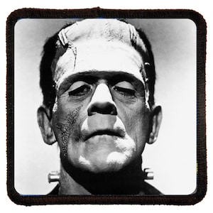 May include: Black and white close-up portrait of Frankenstein's monster from the 1931 film. The monster has a serious expression and is looking directly at the viewer.