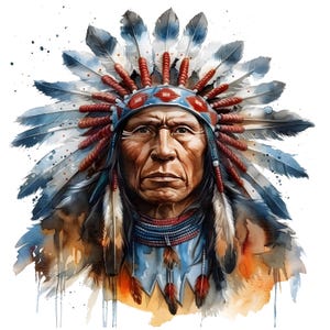 May include: Watercolor portrait of a Native American man wearing a traditional headdress with blue and white feathers. The portrait features a detailed depiction of the man's face, with a serious expression. The artwork has a watercolor style with splashes of color.