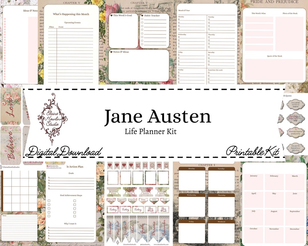 Jane Austen Planner Printable Journal Kit - Over 40 Pages for Junk ...