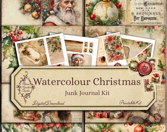 Christmas Junk Journal Kit, Vintage, Watercolour, Digital Download, Printable, Ephemera, Scrapbook