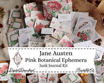 Jane Austen Pink Botanical Ephemera Jun k Journal Kit, Shabby Chic, Cottagecore, Floral, Digital Download, Printable, Scrapbook