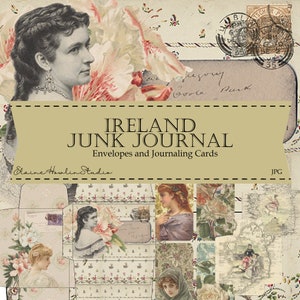 Vintage Irish Ladies Junk Journal Kit Digital, Shabby Chic, Cottagecore, Ireland, Envelopes, Printable, Floral