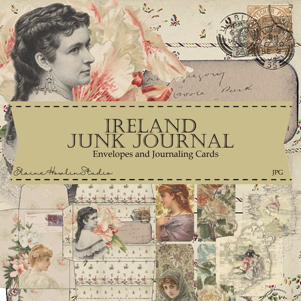 Vintage Irish Ladies Junk Journal Kit Digital, Shabby Chic, Cottagecore, Ireland, Envelopes, Printable, Floral