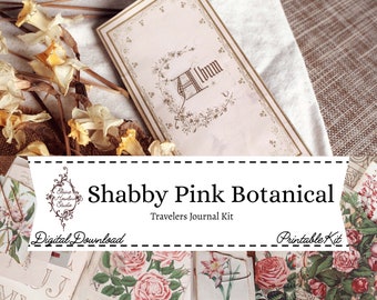 Shabby Pink Botanicals Travelers Journal Kit, Shabby Chic, Cottagecore, Digital Download, Junk Journal Kit, Grunge, Rustic, Ephemera