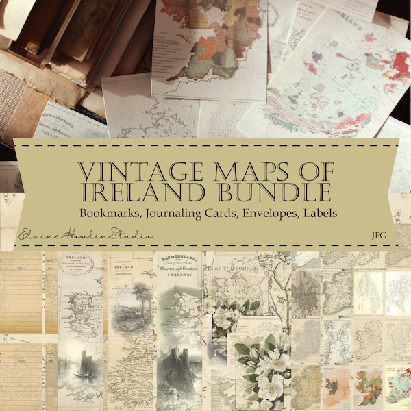 Antique Maps of Ireland Digital Junk Journal Kit, Scrapbook, Reading Journal, Rustic, Grunge, Library Card, Bookmark, Envelope