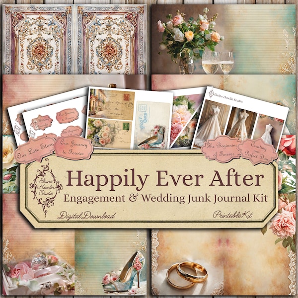 Happily Ever After Engagement & Wedding Junk Journal Kit, Digital Download, Printable, Shabby Chic, Boho, Vintage, Marriage, Romance, Love