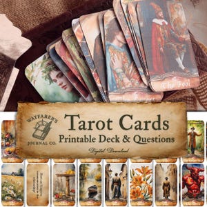 Tarot Karten Deck & Frage Karten Kit - Digitaler Download | 20 DIN A4 Seiten | Große Arkana | Vintage Tarot | DIY Orakel Karten