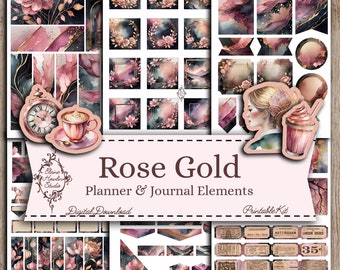 Rose Gold Watercolour Planner and Journal Elements, Digital Download, Tabs, Tags, BuJo, Ephemera, Papers, Stickers, Fussy Cuts