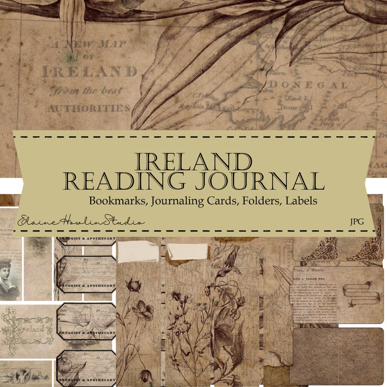 Ireland Dark Academia Reading Journal Ephemera, Junk Journal, Scrapbook, Bookmarks, Irish, Maps, Script, Digital Download zdjęcie 1