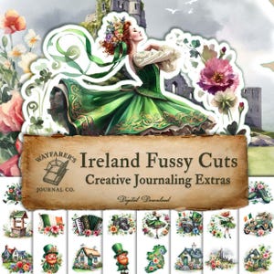Irland Fussy Cuts - Kreative Journaling Extras | Digitaler Download | Druckbare Kleeblätter, Kobolde, Flaggen, Tänzer und mehr
