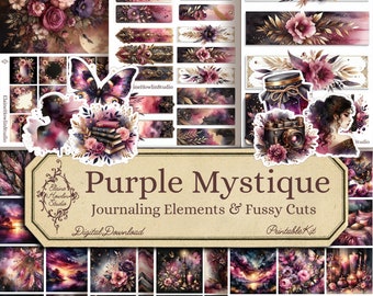 Purple Mystique Journaling Elements, Digital Download, Planner, Junk Journal, Scrapbook, Fussy Cuts, Bookmarks, Stickers,