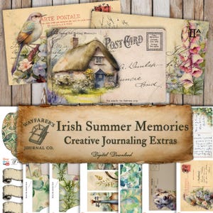 May include: A collection of vintage-style postcards and journaling extras. The image features postcards with illustrations of a bird, a cottage, and floral designs. The banner reads "Irish Summer Memories Creative Journaling Extras."