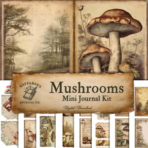Mushrooms Mini Junk Journal & Ephemera Kit - Printable Woodland and Cottagecore Elements for Creating a Fairytale Journal or Scrapbook