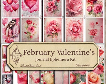 February Valentine's Junk Journal Ephemera, Digital Download, Scrapbooking, Roses, Pink, Red, Printable