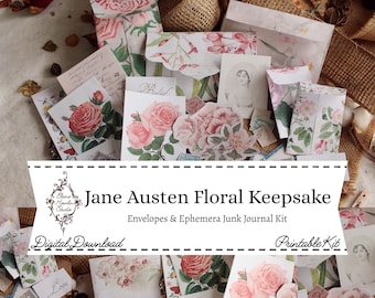 Jane Austen Floral Keepsake Envelopes Junk Journal Kit, Botanical, Shabby Chic, Digital Download, Printable, Floral, Pink